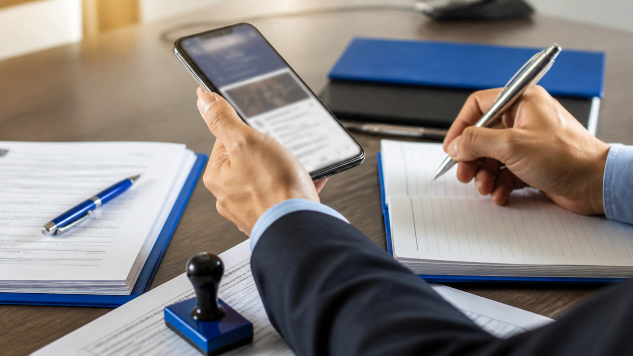 Registro organizado de provas digitais com celular, documentos e contexto de ata notarial