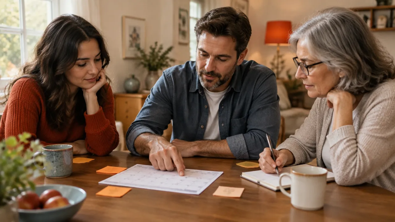Relatives calmly mapping household roles and responsibilities during a family transition