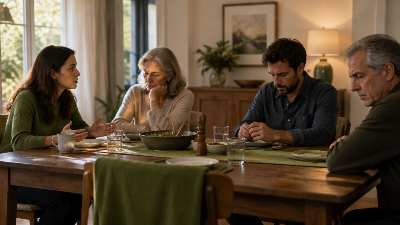 Relatives sit quietly around a dining table as one family member considers raising a difficult subject.
