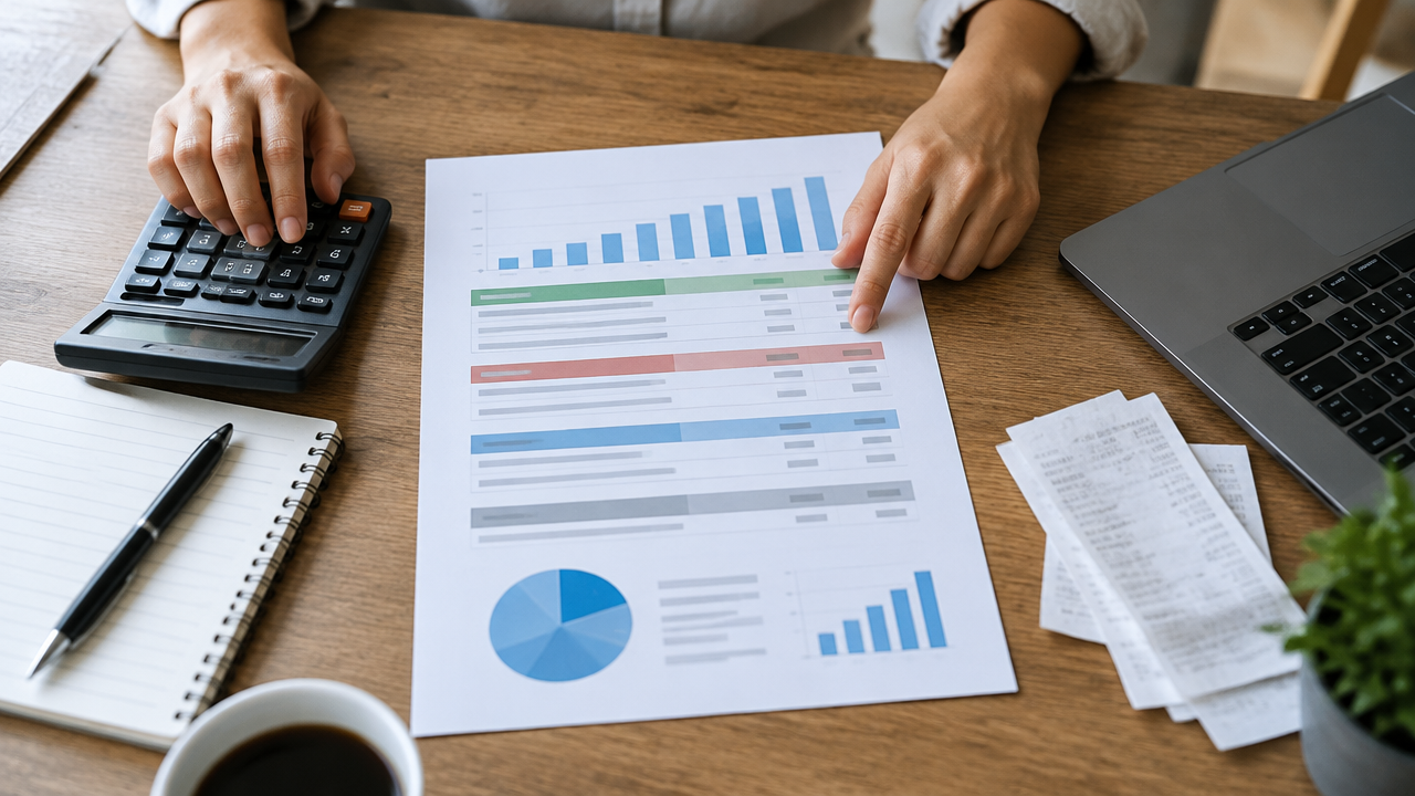 Relatório financeiro organizado com calculadora para ilustrar as partes de uma DRE