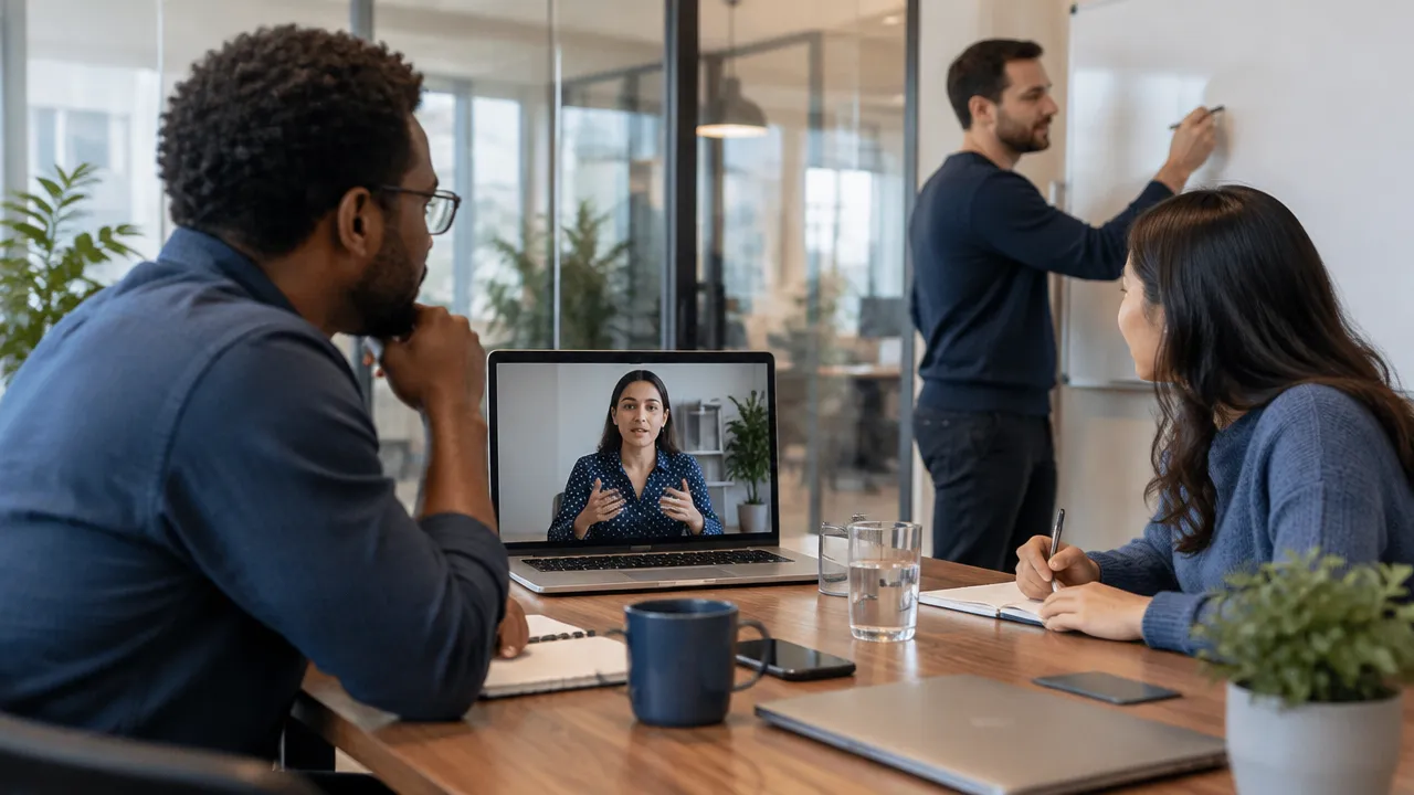 Remote and in-office colleagues listening equally and recording shared decisions during a hybrid team discussion.