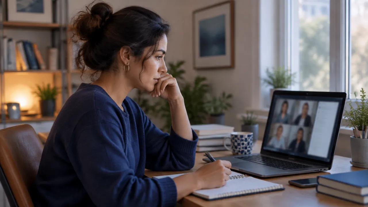 Remote professional pausing to reflect during a video meeting before interpreting colleagues’ reactions