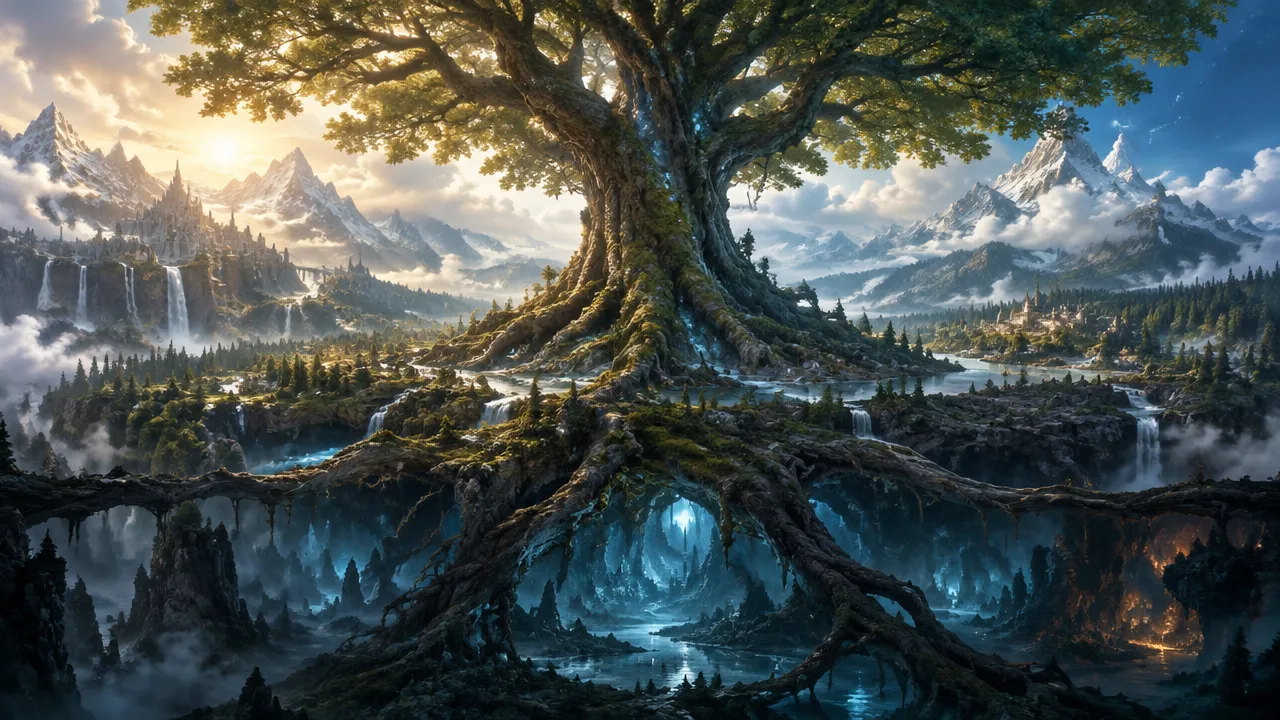 Representação visual de Yggdrasil conectando diferentes paisagens dos nove mundos nórdicos