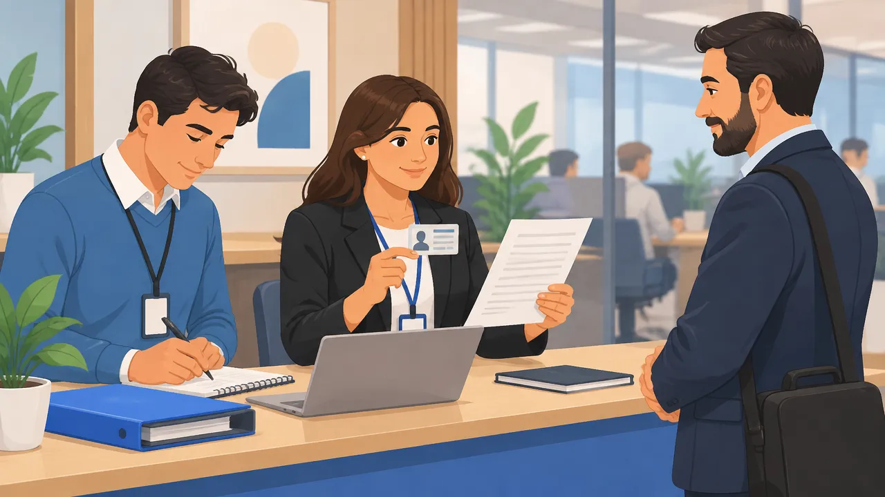 Representante de una empresa verifica la identificación y registra los documentos solicitados por un fiscalizador