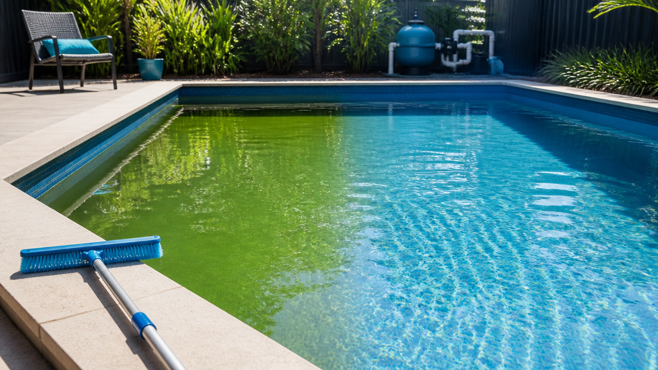 Residential pool showing the difference between green algae and clear recovered water