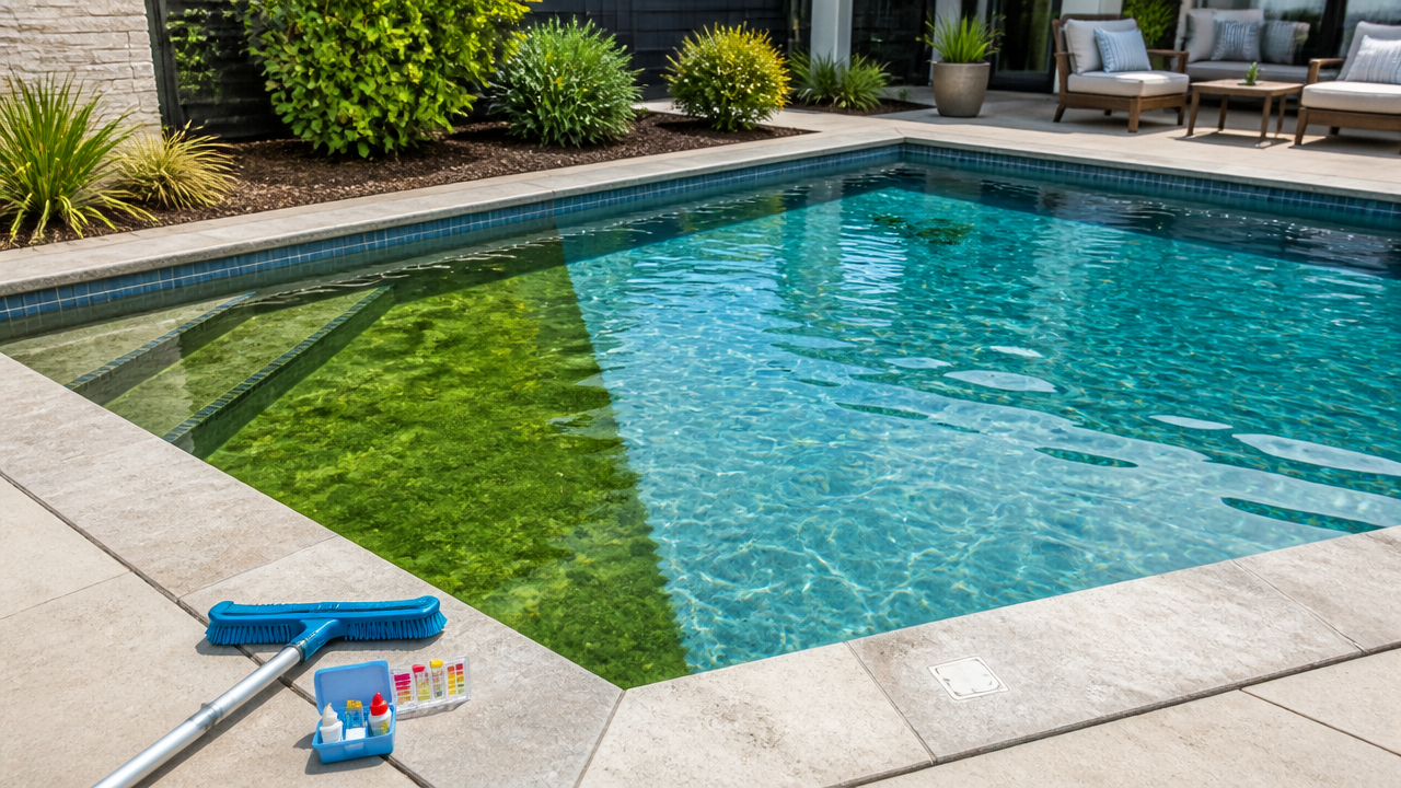 Residential swimming pool with green algae near the steps and clear blue water after treatment