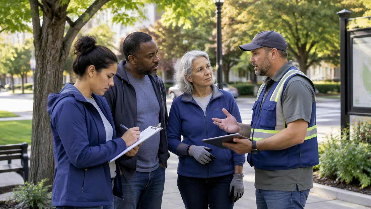 Residents and a local staff member planning a practical neighborhood improvement