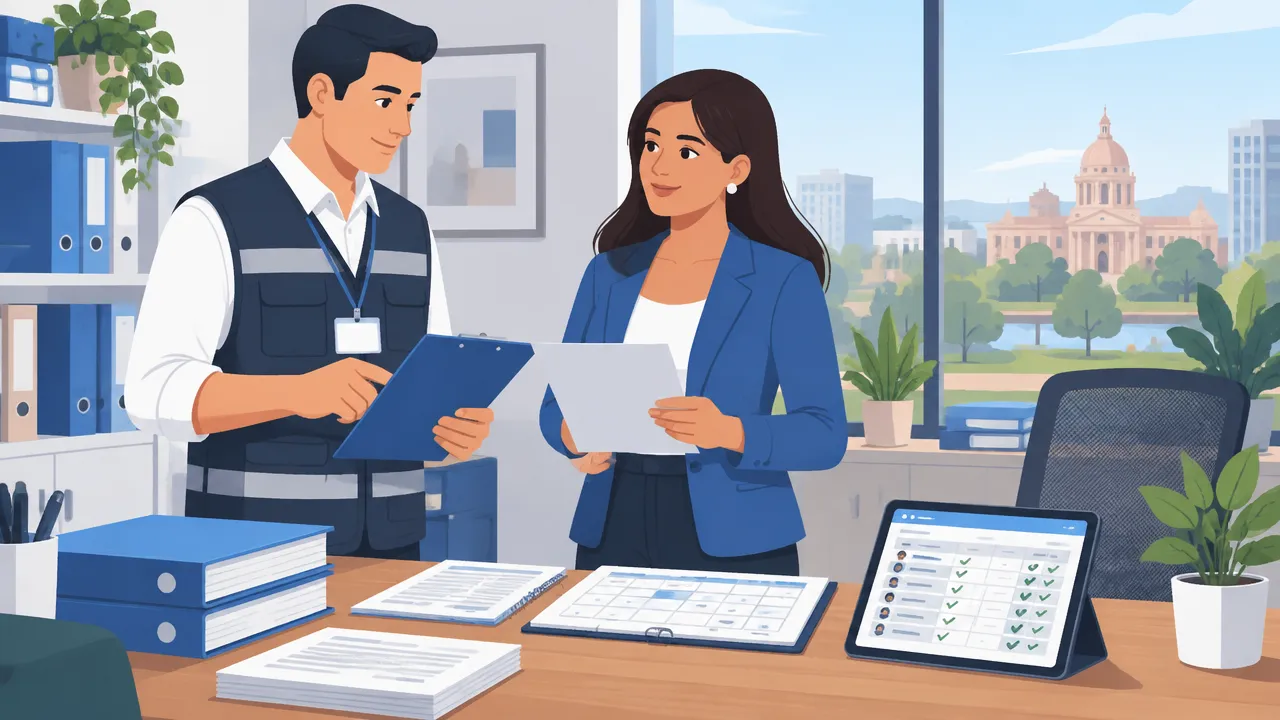 Responsable de recursos humanos recibe con calma a un fiscalizador laboral y prepara documentos de la empresa