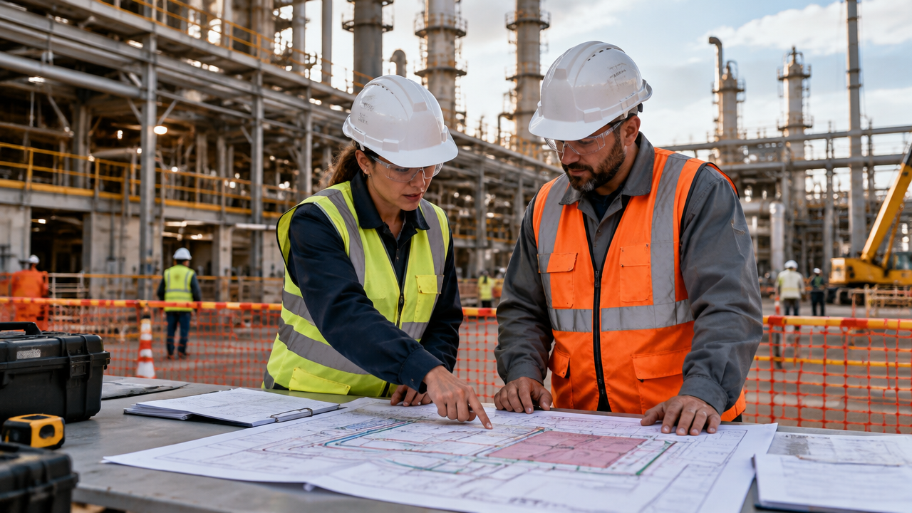 Responsáveis pela operação e pelo projeto analisam os limites e as interfaces de risco em uma planta industrial ativa