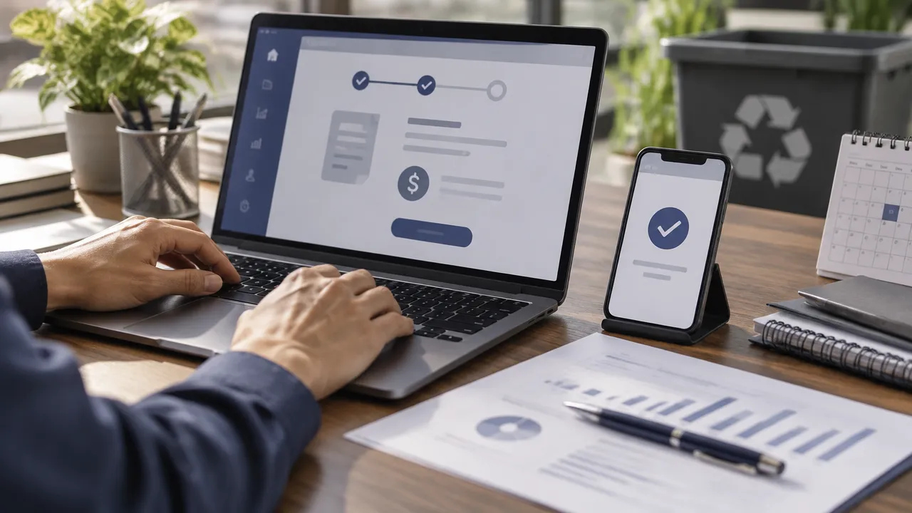 Responsável confirma uma ordem de pagamento no notebook e no celular