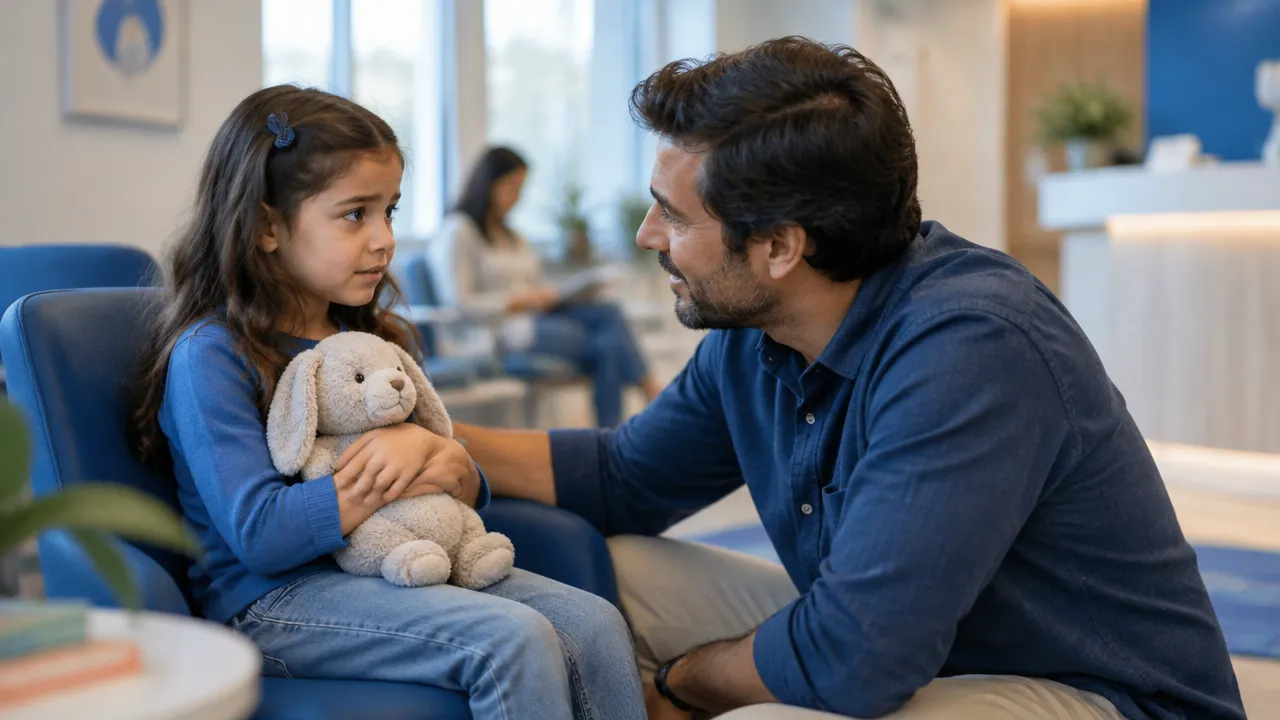 Responsável conversa com uma criança apreensiva na recepção de uma clínica odontológica