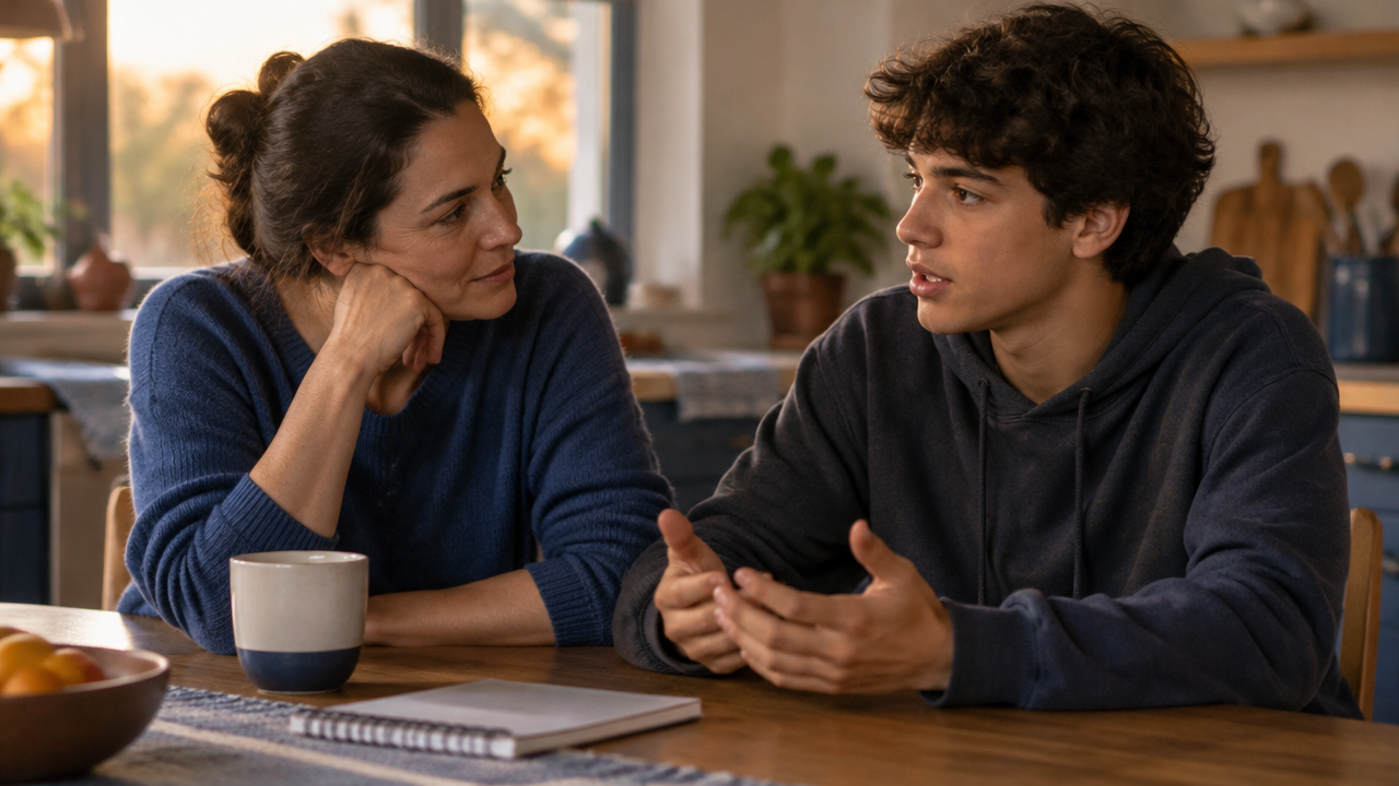 Responsável escuta com atenção um adolescente durante uma conversa calma à mesa de casa.