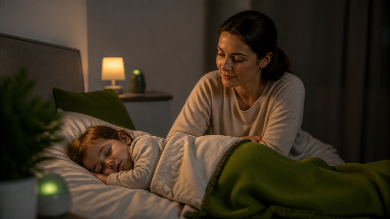 Responsável observando o sono de uma criança em um quarto calmo durante a noite