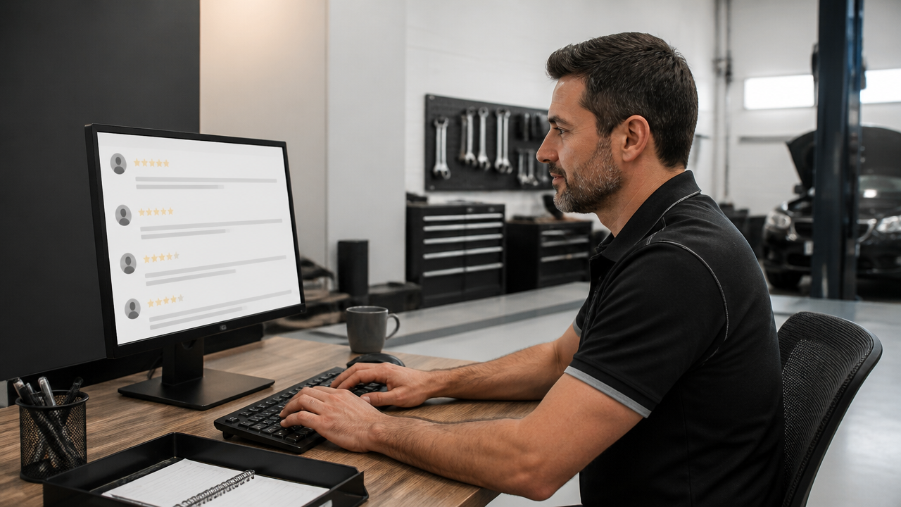 Responsável pela oficina respondendo avaliações de clientes no computador