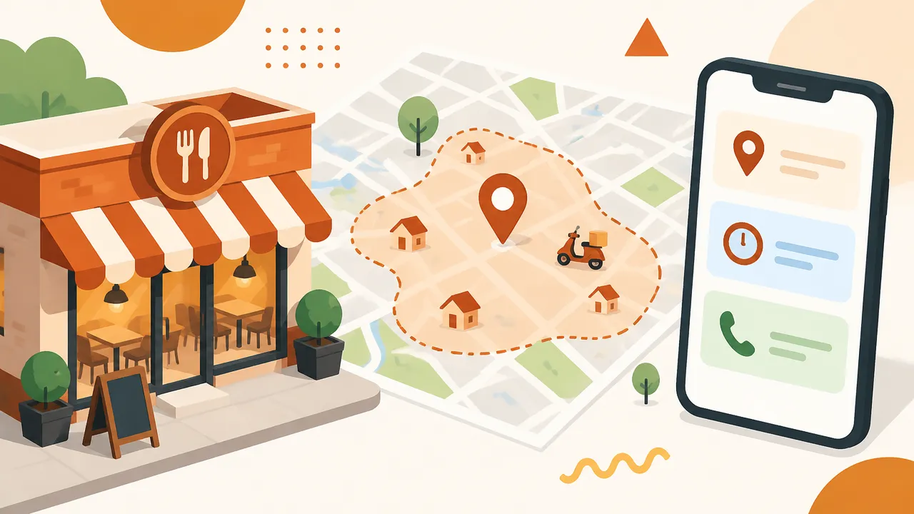 Restaurante de bairro com mapa de área atendida e celular exibindo informações comerciais