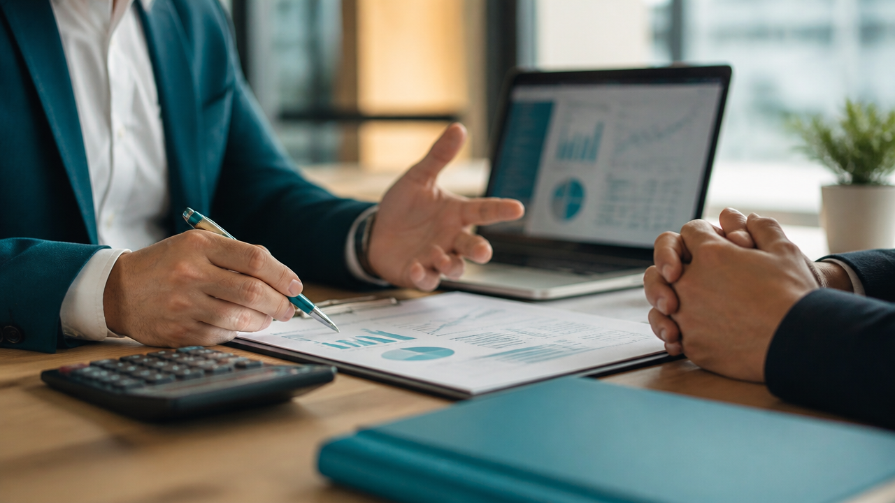 Reunião comercial de BPO financeiro com proposta e discussão de preços entre consultor e empresário