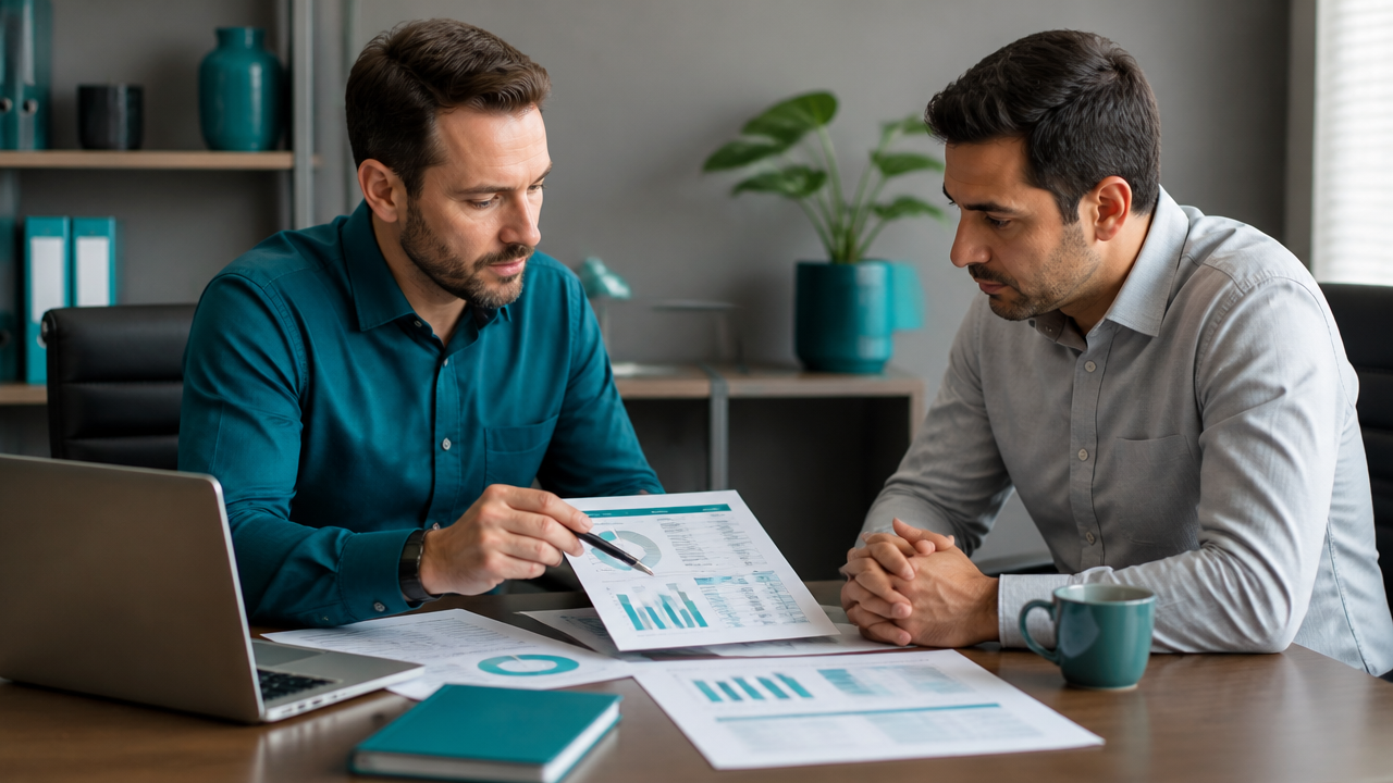 Reunião comercial de diagnóstico entre especialista de BPO Financeiro e empresário