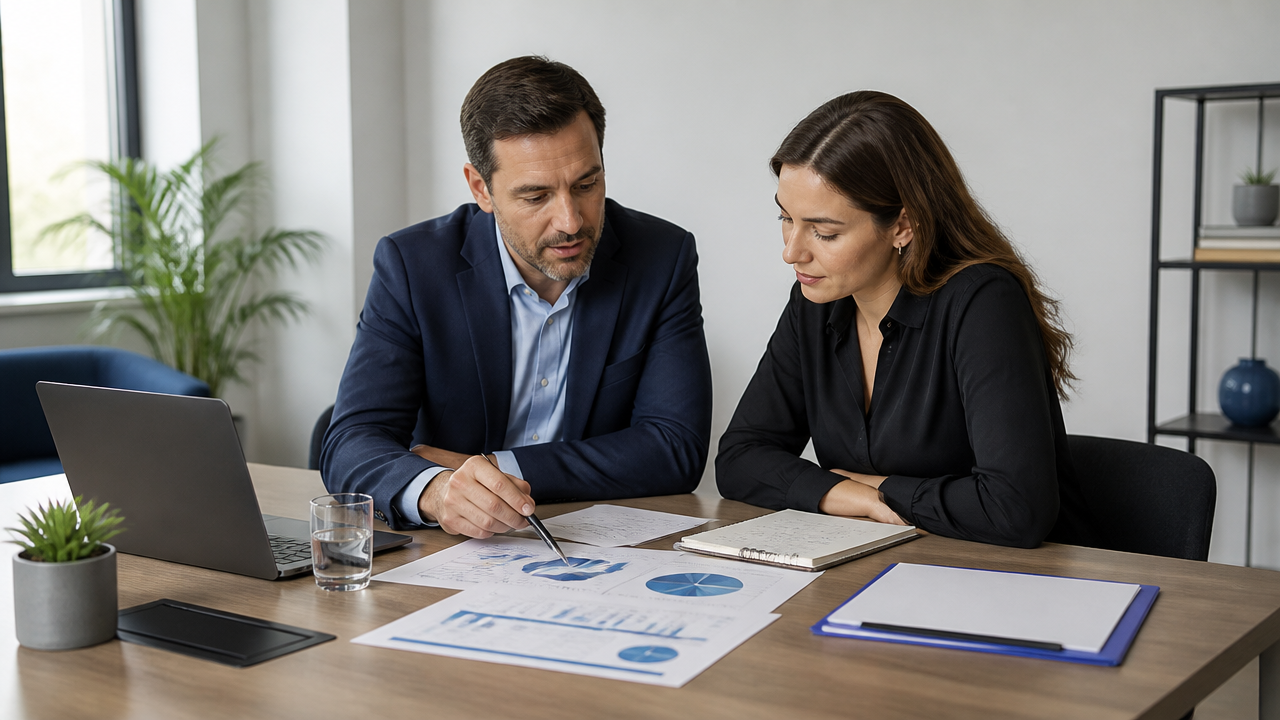 Reunião entre contador e empresária para definir tipo de empresa e planejamento tributário