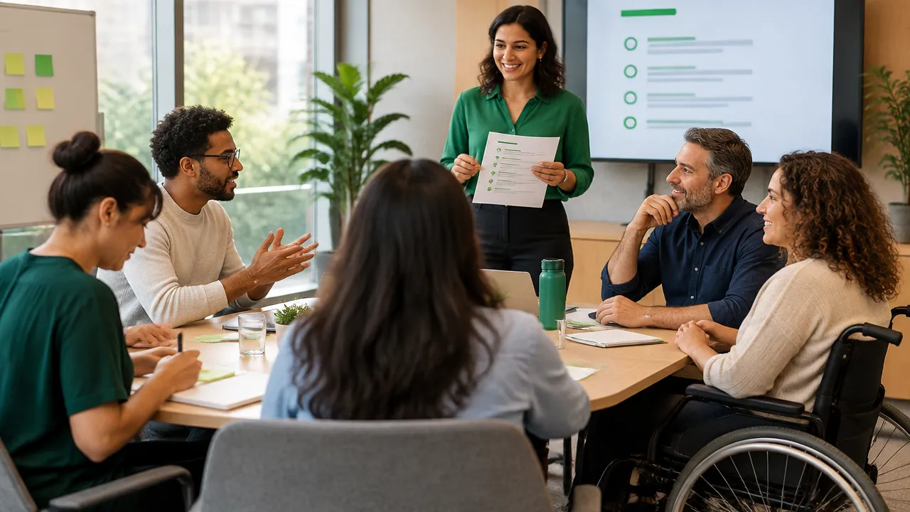 Reunión accesible donde varias personas aportan ideas mediante conversación y notas escritas