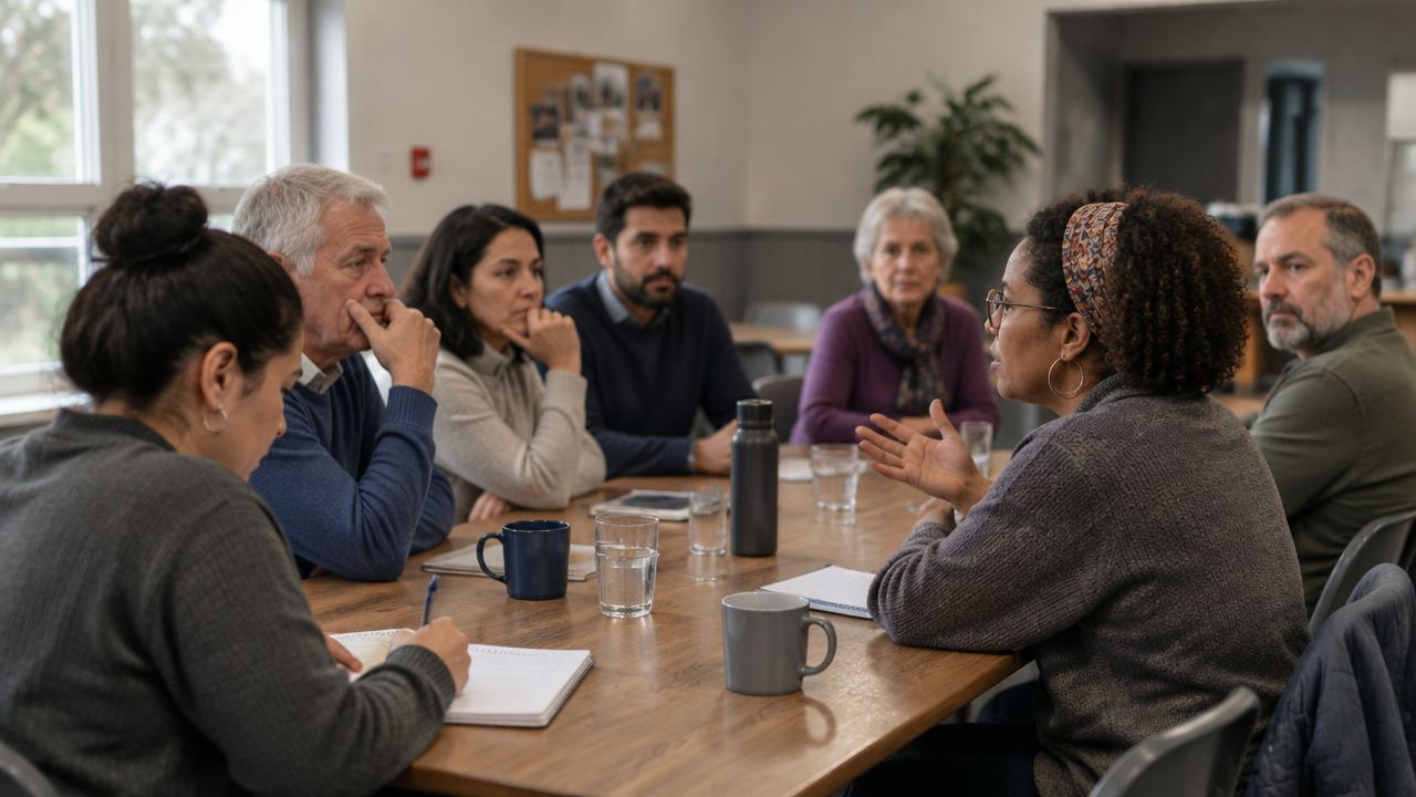 Reunión vecinal donde se observan distancias y gestos de escucha que pueden revelar tensión emocional