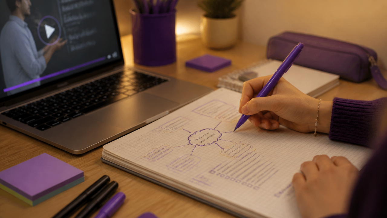 Revisão ativa de conteúdo com anotações, checklist e aula online pausada no notebook.