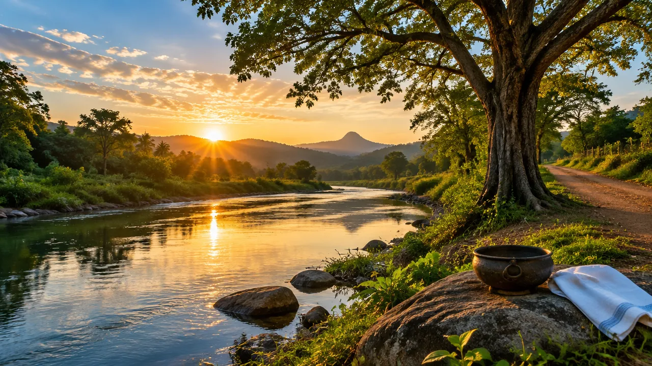 Rio, árvore e objetos artesanais representam a ligação entre os mitos dos orixás, a natureza e a vida cotidiana