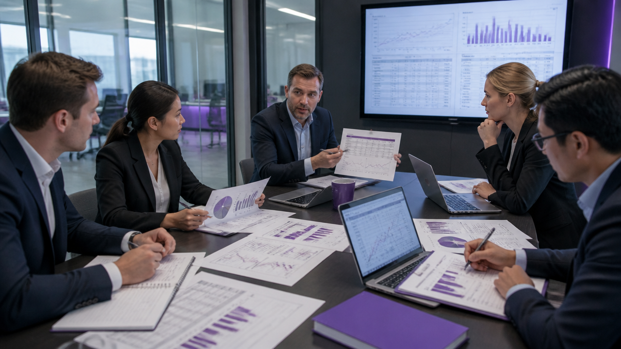 Risk management team reviewing hedge reports, stress tests, and accounting documentation