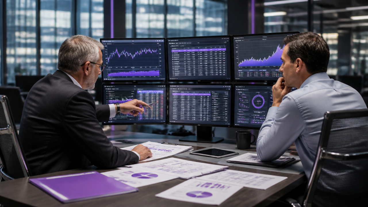 Risk manager and trader reviewing collateral needs and market exposure on trading screens