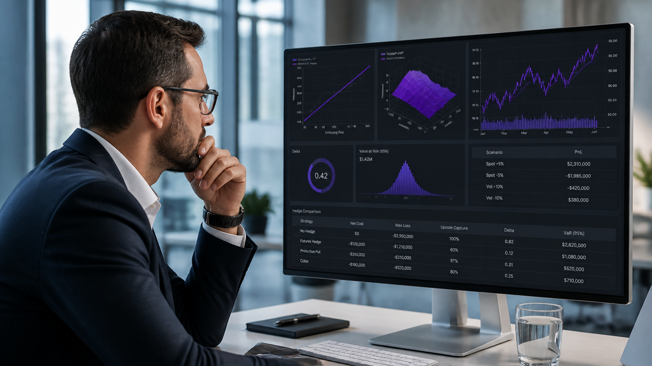 Risk manager reviewing a derivatives pricing and risk dashboard for commodity hedging.