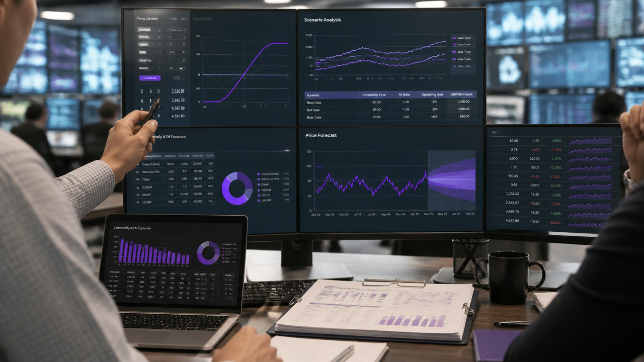 Risk manager reviewing a derivatives pricing dashboard in a modern trading office