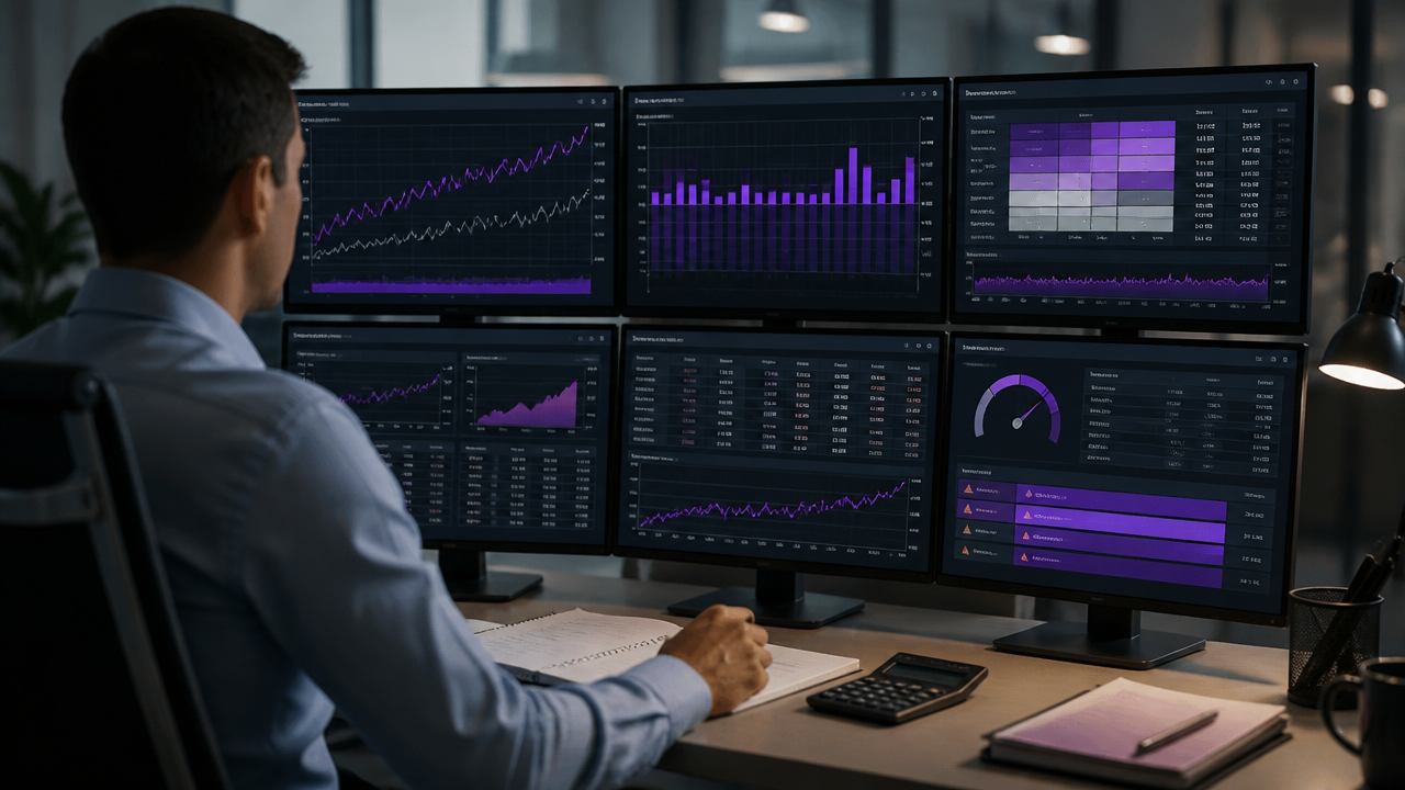 Risk manager reviewing futures, P&L, and margin dashboards in a professional office environment.
