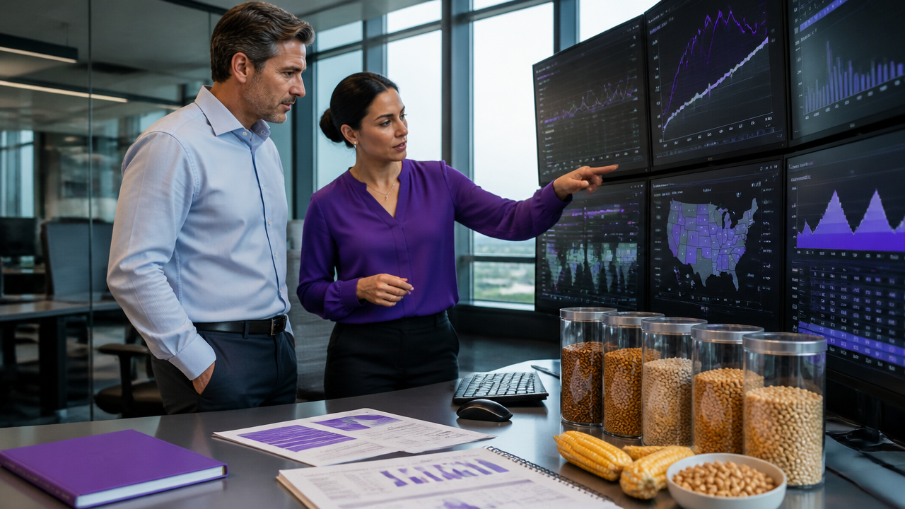 Risk managers reviewing commodity futures curves and hedging analytics on trading screens