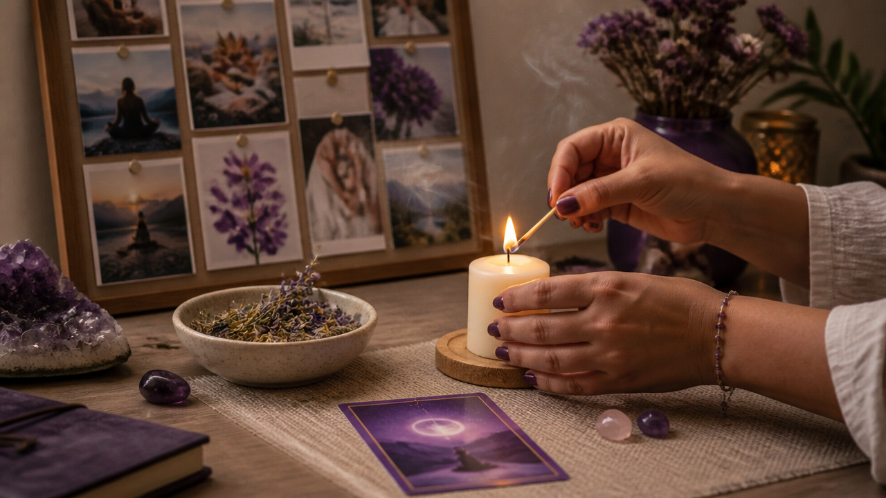 Ritual simples de ativação de painel energético com vela e carta de oráculo