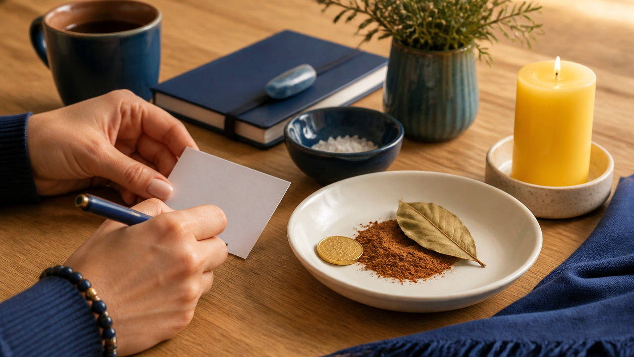 Ritual simples de prosperidade sobre mesa, com papel de intenções, canela, louro, moeda e vela.