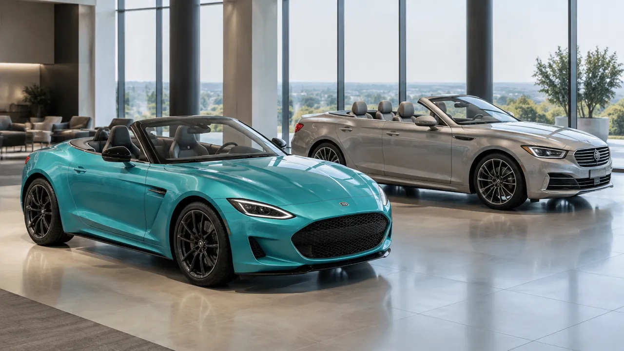 Roadster compacto de dois lugares ao lado de um conversível maior em showroom