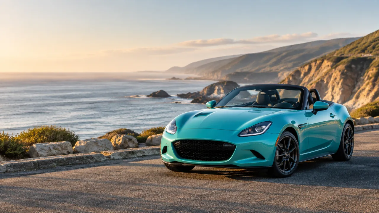 Roadster esportivo de dois lugares com a capota recolhida em uma estrada costeira