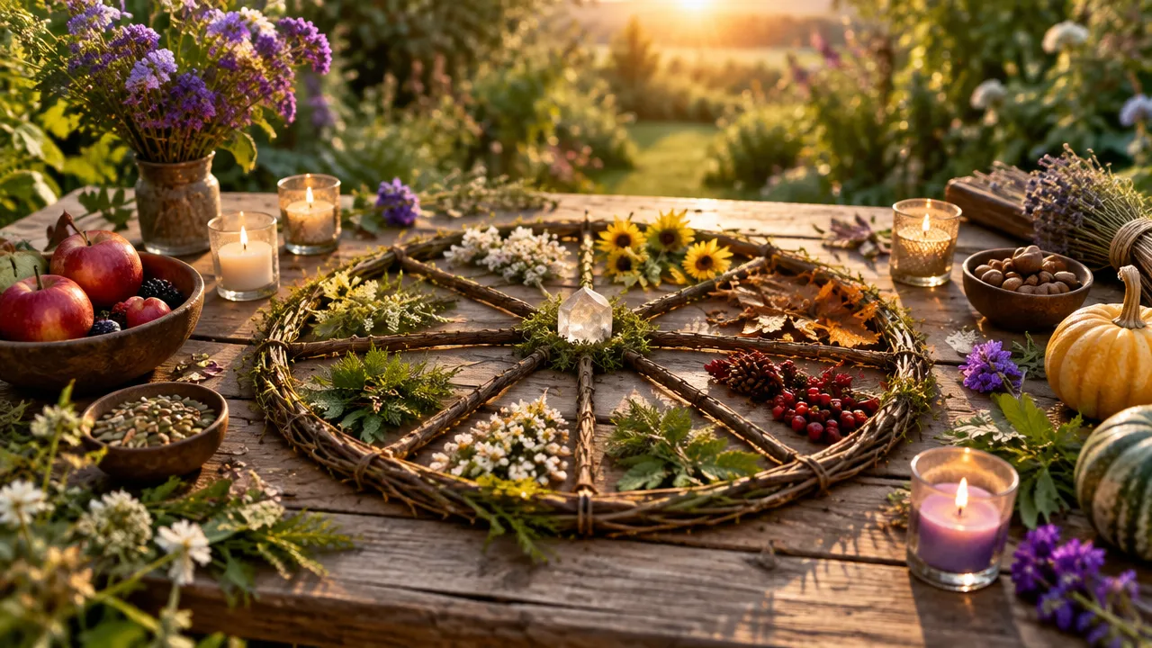 Roda sazonal artesanal cercada por folhas, frutas e velas em uma celebração inspirada na Wicca