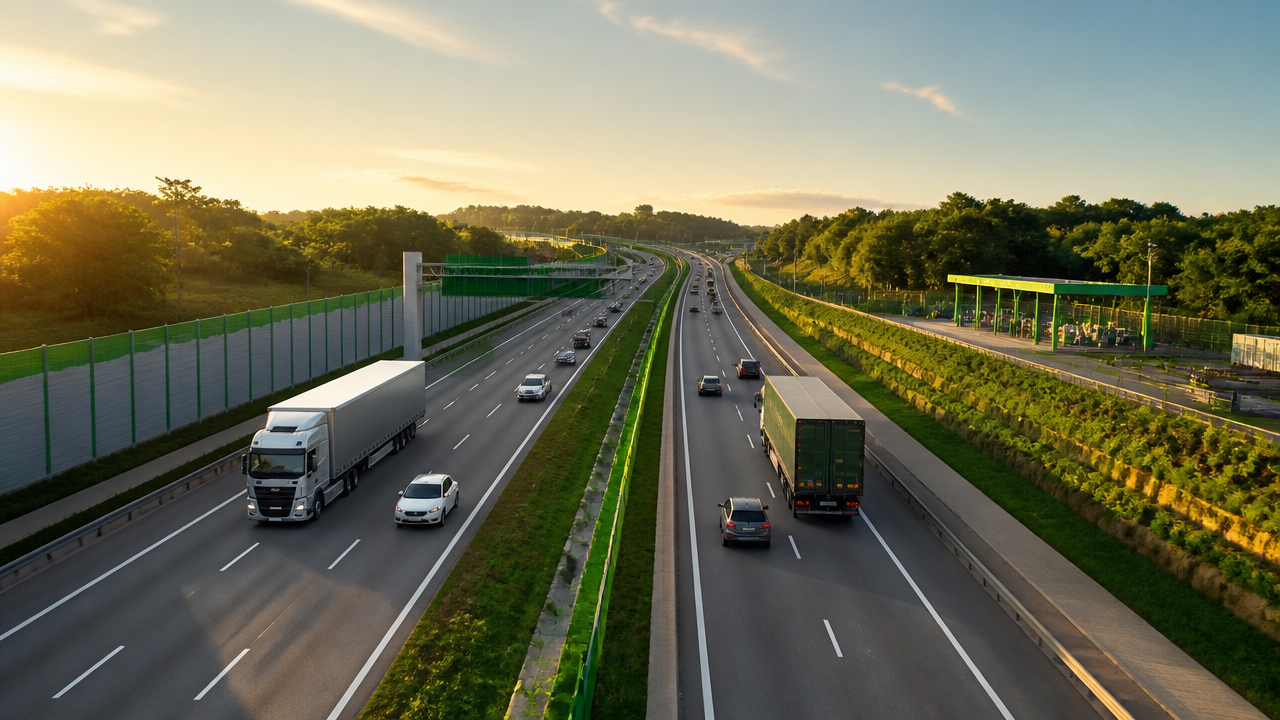 Rodovia concedida com infraestrutura moderna, vegetação recuperada e soluções de sustentabilidade ao amanhecer