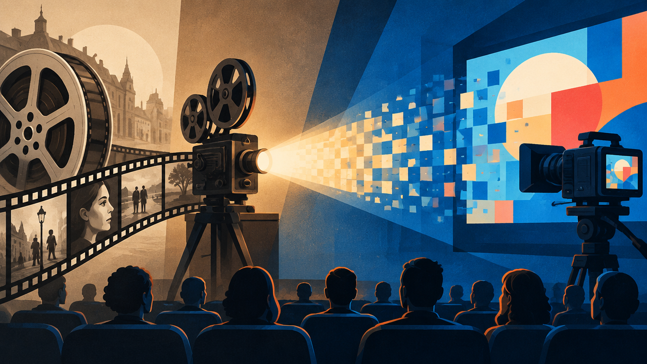 Rolo de película e projetor que se transformam em pixels diante de uma tela digital, representando a evolução técnica do cinema.