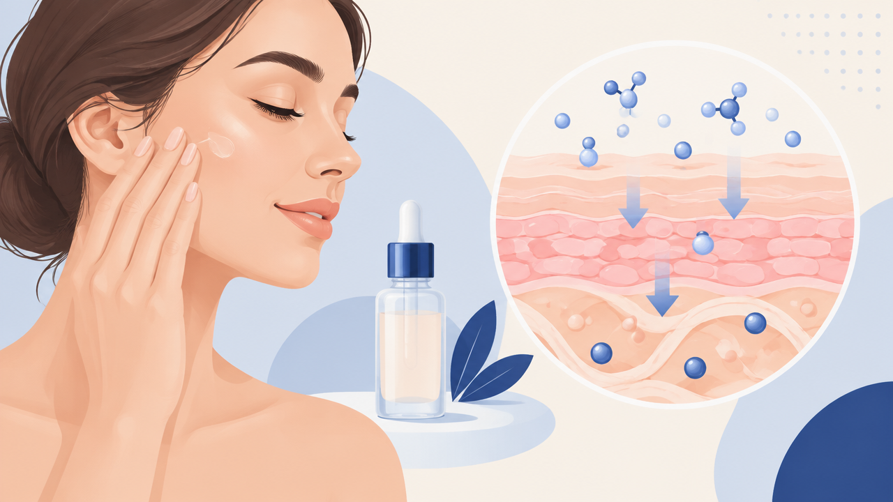 Rosto adulto, sérum cosmético genérico e representação abstrata das camadas da pele com moléculas