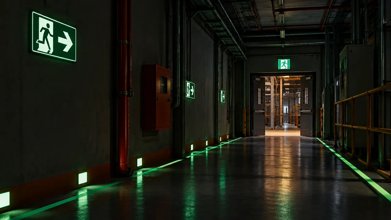 Rota de fuga industrial com placas fotoluminescentes visíveis em baixa iluminação