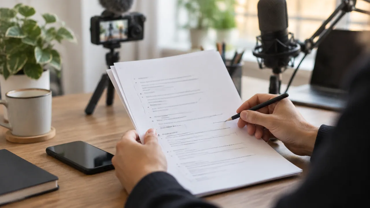 Roteiro de vídeo revisado com frases curtas e pausas antes da gravação