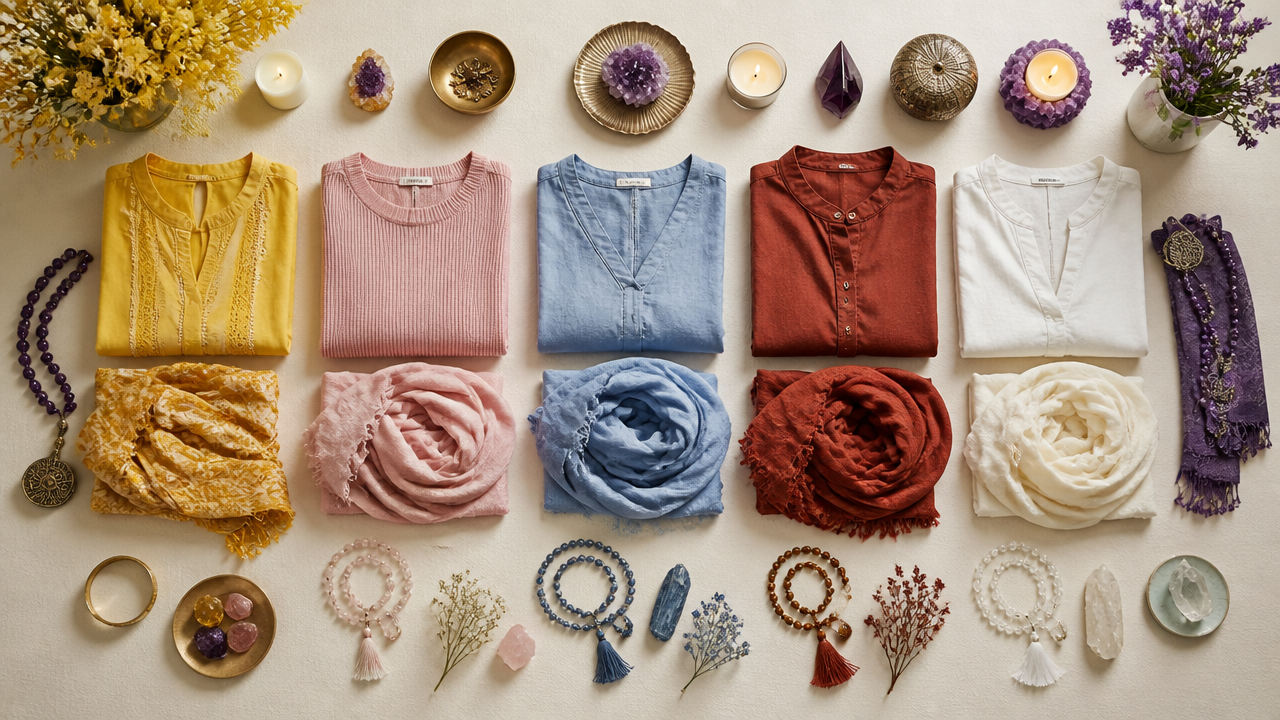 Roupas organizadas por cores e intenções energéticas, como prosperidade, amor e equilíbrio