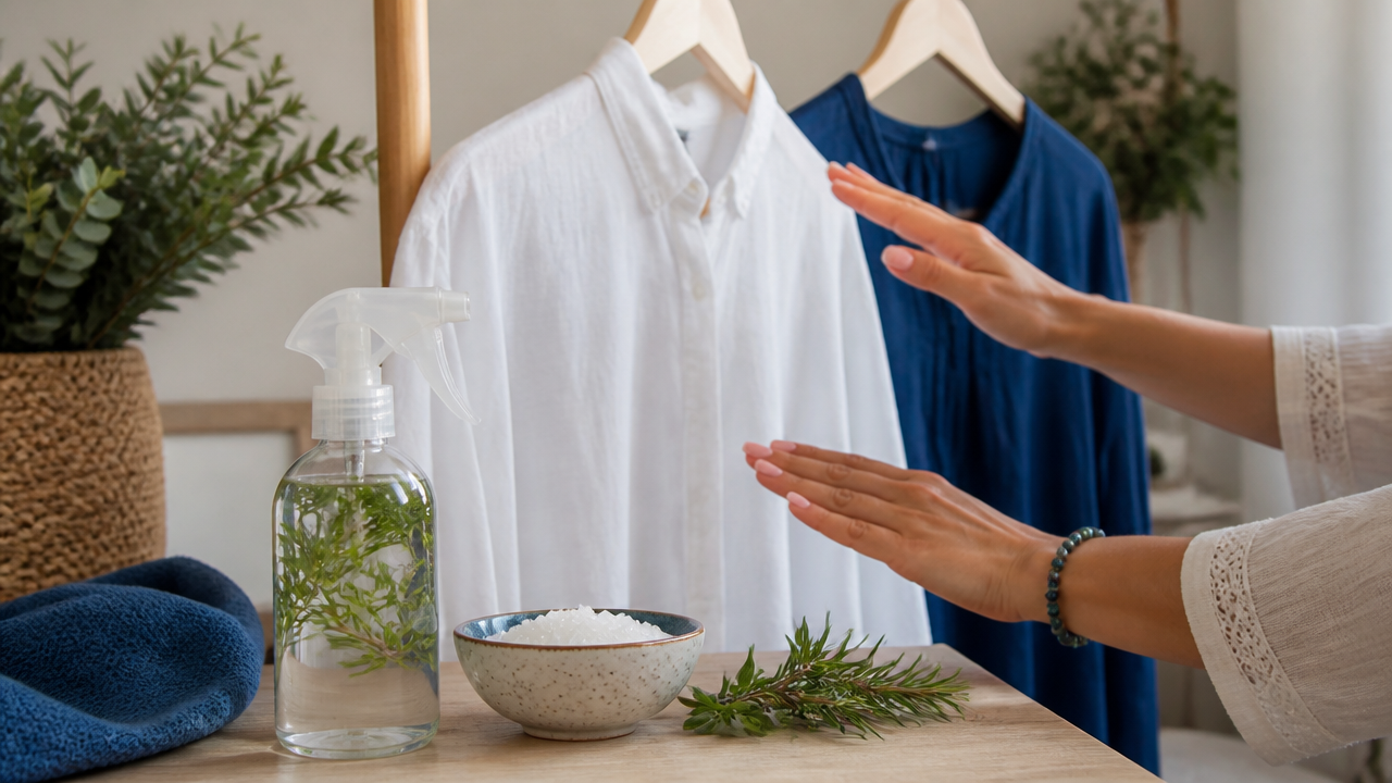 Roupas sendo preparadas para uma limpeza energética suave com ervas e borrifador