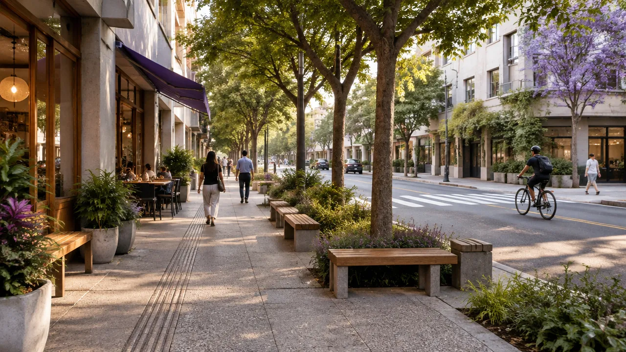 Rua de bairro com calçadas acessíveis, árvores, bancos e fachadas ativas, convidando a caminhar e descansar