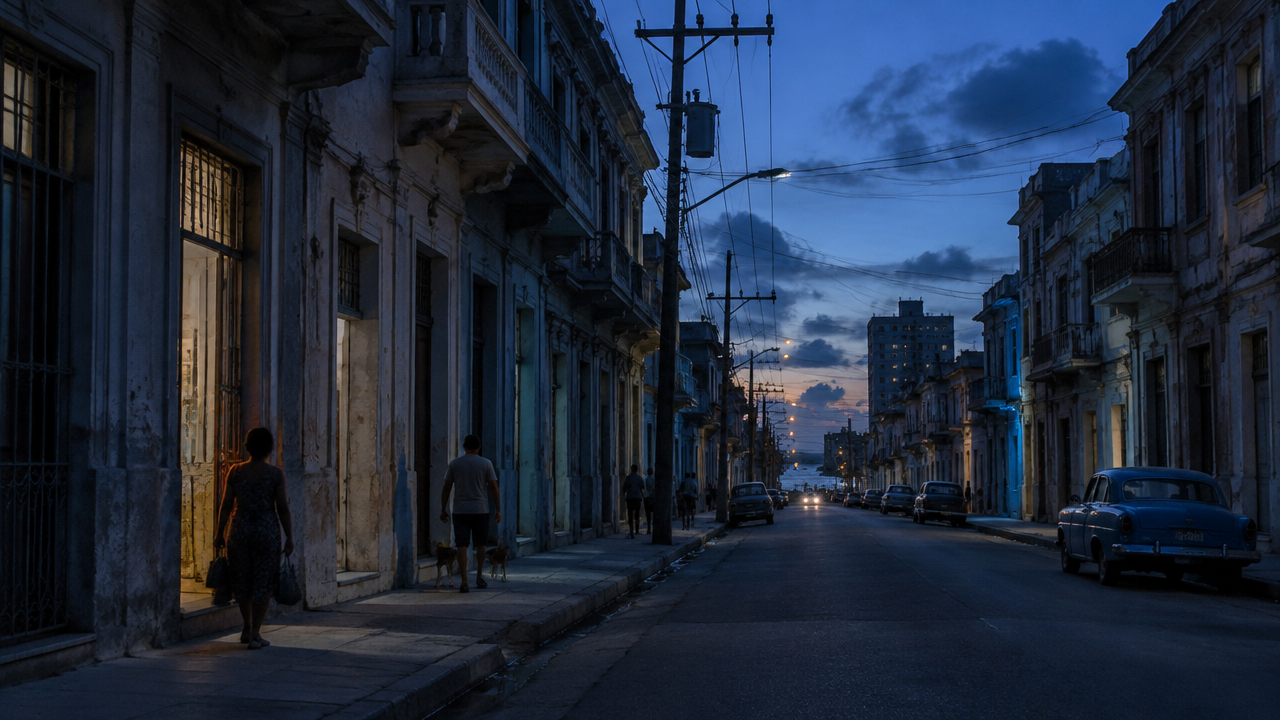 Rua residencial de Havana ao anoitecer com rede elétrica visível e iluminação reduzida.