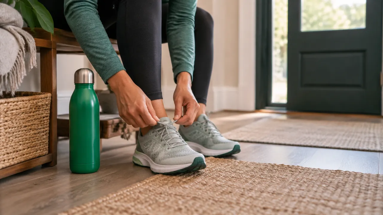 Running shoes and a water bottle placed by a doorway as a person gets ready for a repeated exercise routine.