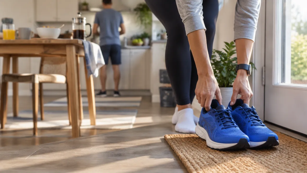 Running shoes placed beside a home doorway after breakfast, showing how a stable daily cue can support a habit.