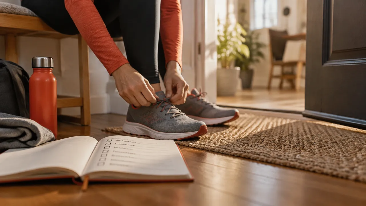 Running shoes placed by the door as a visible cue for a planned daily walk
