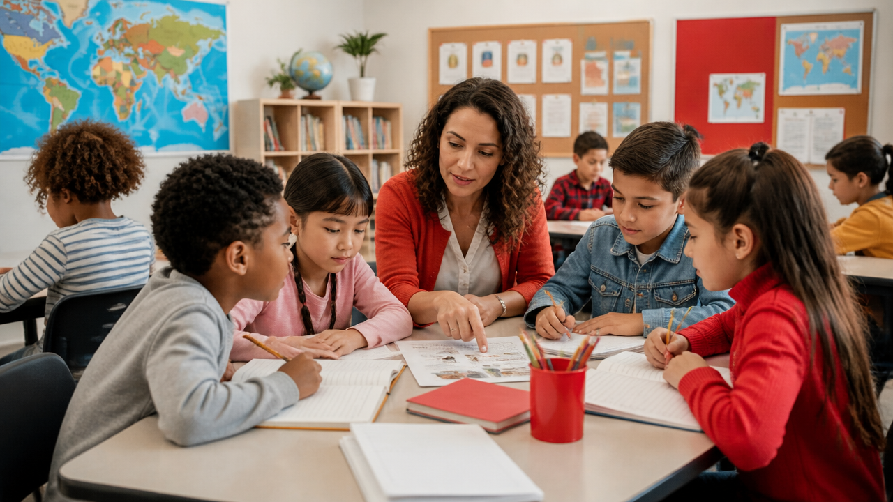 Sala de aula com atividade colaborativa em contexto de educação plurilíngue